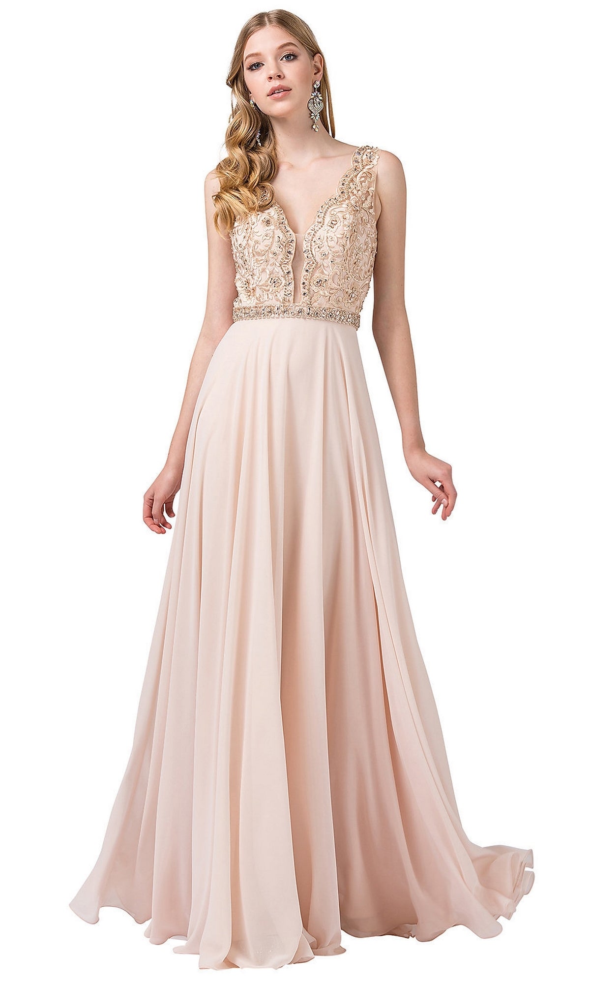 A woman wears the Cut-Out-Back Scalloped V-Neck Long Prom Dress, featuring a sleeveless floor-length silhouette with a lace bodice, embellished waist, and flowing chiffon skirt.